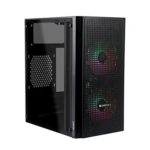 ZEBRONICS Zeb-AUXO Premium Gaming Cabinet with Micro ATX Support, USB3.0, Dual 120mm Front Multicolor LED Fans, Tempered Glass, 255mm VGA Size, Maximum 4X SSD 2X HDD Capacity and Top Mount PSU(Black)